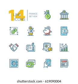 Finance - colored vector modern single line icons set. Money bag, dollar, euro, bank, credit card, safe, calculator, laptop, chart, saving pig, handshake.