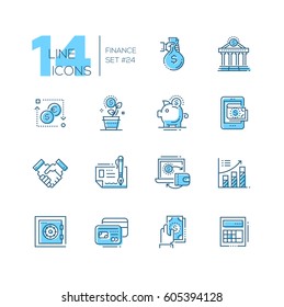 Finance - coloured vector modern single line icons set. Money bag, dollar, euro, bank, credit card, safe, calculator, laptop, chart, saving pig, handshake.