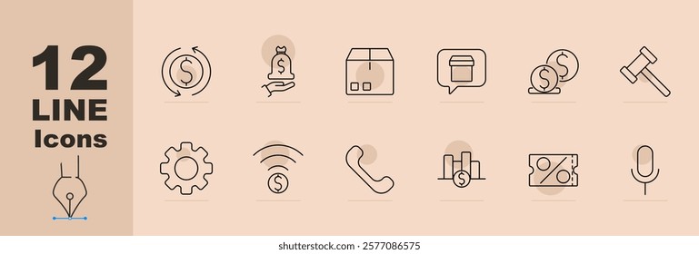 Finance and commerce set icon Currency exchange, money bag, package, payment, coins, auction hammer, cogwheel, wireless payment, call, analytics, discounts, microphone. Finance, commerce, economy