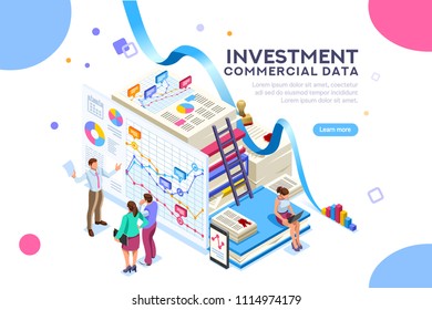 Finance and commercial investment analysis work. Seal concept on official documents clipart. Infographics for web banner or hero images. Flat isolated isometric people vector illustration.