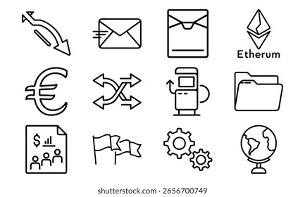 Paquete de íconos de finanzas y comunicación: Ethereum, Euro, Mail, Exchange, Chart, Folder, Business Document, Gear, Flags

