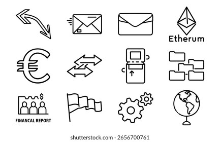 Finance and Communication Icon Bundle – Ethereum, Euro, Mail, Exchange, Chart, Folder, Business Document, Gear, Flags


