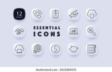 Finance and communication set icon. Phone call, badge tag, hand chart, cloud shield, payment hand, laptop bar, percent zoom, cloud device, globe rate, dollar coin, piggy bank, notepad pen