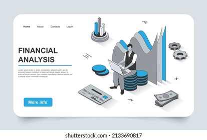 Finance concept in 3d isometric landing page outline design. Man analyzes financial statistics, invests money, increases profit, auditing and accounting, line web template. Vector illustration.