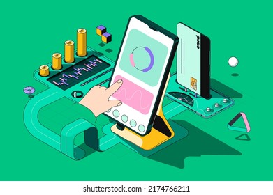 Finance concept 3d isometric outline web design. Banking services, accounting, financial transactions, investments and savings in app. Vector web illustration with abstract line people composition