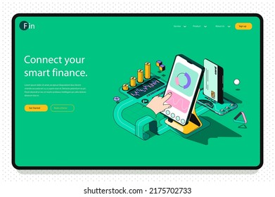Finance concept 3d isometric outline landing page. Banking services, accounting, financial transactions, investments and savings in app. Vector web illustration with abstract line composition.