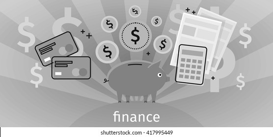 Finance concept banner design flat. Pig piggy bank with gold dollar coins. Financial documents credit card calculator. Conceptual monochrome banner with finances to pay for items. Vector illustration