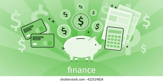 Finance concept banner design flat. Pig piggy bank with gold dollar coins. Financial documents and credit card calculator. Conceptual green banner with finances to pay for items. Vector illustration