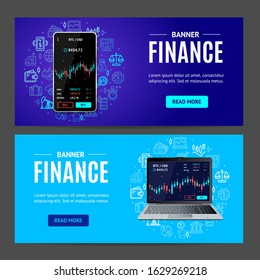 Finance Concept Banner Horizontal Set with Realistic Detailed 3d Mobile Phone, Laptop and Thin Line Icons. Vector illustration
