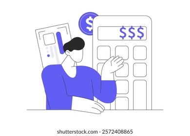 Finance concept with character. Calculating financial income and expenses, plan personal budget, controls banking data. Flat Cartoon Vector Illustration, icon. Stylish abstract Modern