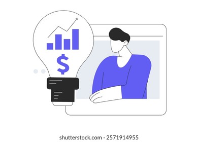 Finance concept. Character Man brainstorming and generates new ideas for development of financial wealth and making money. Flat Cartoon Vector Illustration, icon. Stylish abstract Modern