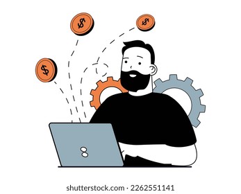 Concepto financiero con situación de carácter. El hombre realiza transacciones y transferencias de dinero usando el sistema bancario en línea en el navegador en laptop. Ilustración vectorial con escenas de personas en diseño plano para web