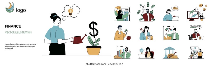 Concepto de finanzas con colección de situaciones de caracteres. Conjunto de escenas de personas invirtiendo y aumentando el beneficio, auditando y calculando, gestión financiera. Ilustraciones vectoriales en diseño web plano