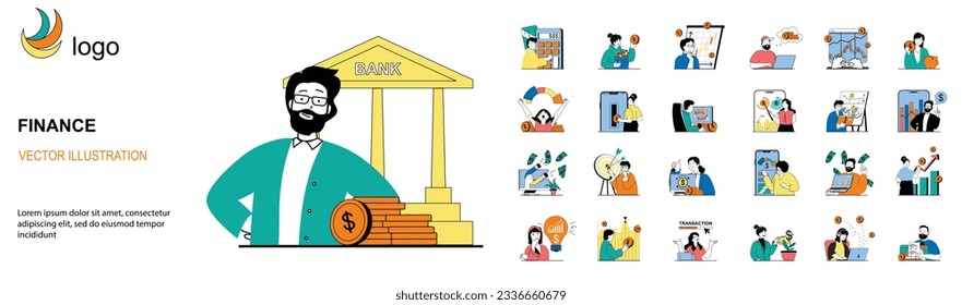 Finance concept with character situations mega set. Bundle of scenes people using online banking and bank services, making transactions, financial management. Vector illustrations in flat web design