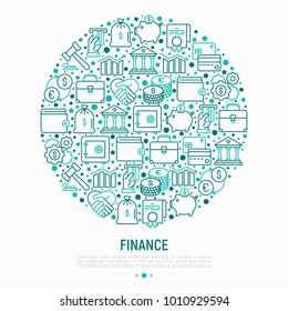 Finance concept in circle with thin line icons: safe, credit card, piggy bank, wallet, currency exchange, hammer, agreement, handshake, atm slot. Modern vector illustration for web page, print media.