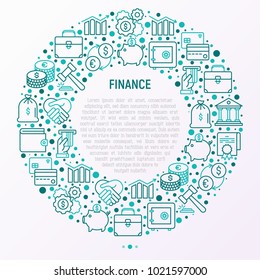 Finance concept in circle with thin line icons: safe, credit card, piggy bank, wallet, currency exchange, hammer, agreement, handshake, atm slot. Modern vector illustration for web page, print media.