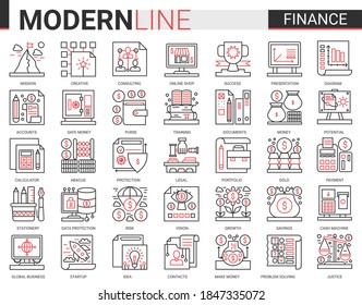 Finance concept complex thin red black line concept icon vector set with outline financial business symbols collection commerce analysis technology, economic data consulting and analyzing bank account