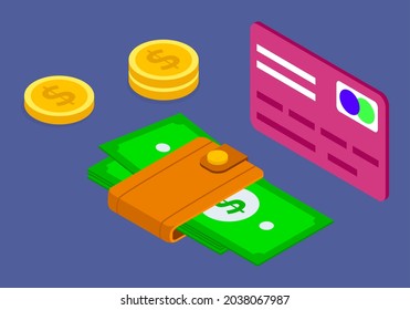Finance concept, credit card, golden coins, wallet with dollars, business financial, payment with electronic money, buying products, goods, using modern technology, cashless payment, cash icons