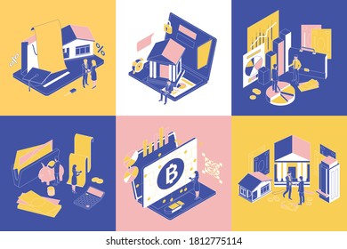 Finance concept design 6 isometric compositions with electronic wallet savings credit banking analysis stock exchange vector illustration 