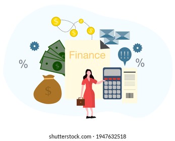 finance concept, drawing of a woman explaining finances, with coins, banknotes, calculator