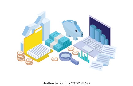 Gráfico conceptual de finanzas, moneda, banco de cerdos, lupa, portátil y billete.sobre fondo blanco.Diseño 3D.diseño vectorial isométrico Ilustración.