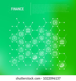Finance concept in honeycombs with thin line icons: safe, credit card, piggy bank, wallet, currency exchange, hammer, agreement, handshake, atm slot. Modern vector illustration for web page.