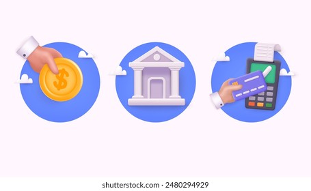 Icono de concepto de finanzas. Caja registradora, dinero, caja fuerte, banco, tarjeta de crédito, pago en línea. Ilustraciones vectoriales DE Web 3D.