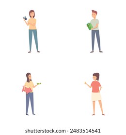 Finance concept icons set cartoon vector. Youngster learning basic of saving. Saving money