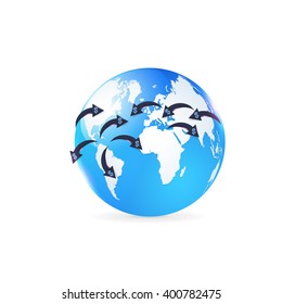 Finance Concept Isolated Globe World Symbol. Vector Dollars Sign Arrows Action