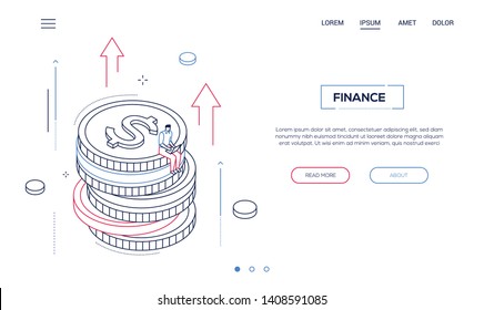 Finance concept - line design style isometric web banner on white background with copy space for text. High quality header with businessman, manager sitting on a pile of coins working at the laptop