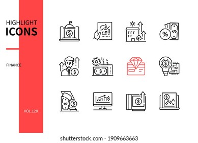 Finance concept - line design style icons set. Investment school online, stock exchange, supporting company, credit products, advisor, business, premium cards, innovation, self-education, deposit
