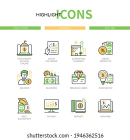 Finance concept - line design style icons set. Investment school online, stock exchange, supporting company, credit products, advisor, business, premium cards, innovation, self-education, deposit