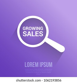 Finance Concept: Magnifying Optical Glass With Words Growing Sales. Vector illustration