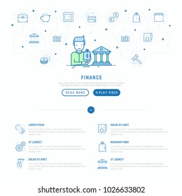 Finance concept: man with bag of gold near court. Thin line icons around: safe, credit card, piggy bank, currency exchange, agreement, handshake, atm slot. Vector illustration, web page template.