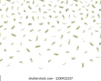 Finance concept. Money rain. Falling hundred dollar banknotes isolated on white background. 10 EPS vector illustration