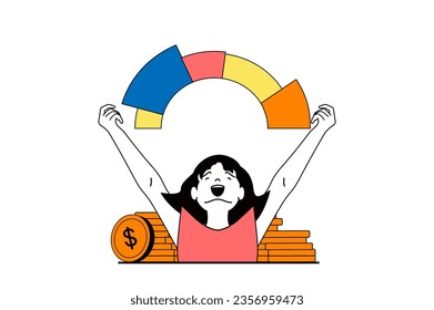 Finance concept with people scene in flat web design. Woman analyzing financial statistics on diagram and seeing income money growth. Vector illustration for social media banner, marketing material.