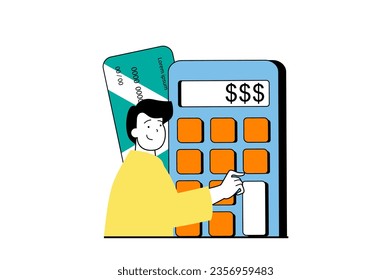 Concepto de finanzas con escena de personas en diseño web plano. Hombre calculando su dinero y pagando impuestos y facturas usando tarjeta de crédito. Ilustración vectorial para banner de medios sociales, material de marketing.