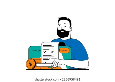 Finance concept with people scene in flat web design. Man getting online receipts and paying bills with tax using digital credit card. Vector illustration for social media banner, marketing material.