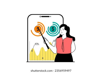Concepto de finanzas con escena de personas en diseño web plano. La mujer maneja el equilibrio financiero y controla el presupuesto usando el gráfico de datos en la aplicación. Ilustración vectorial para banner de medios sociales, material de marketing.
