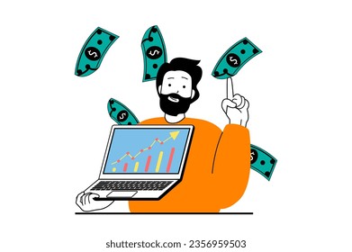 Finance concept with people scene in flat web design. Man developing financial strategy, earning more money and showing growth chart. Vector illustration for social media banner, marketing material.