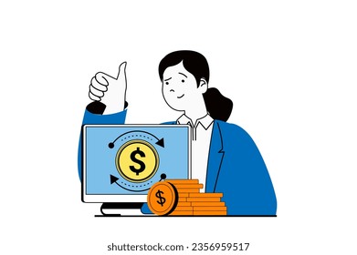 Finance concept with people scene in flat web design. Woman earning money and making financial transactions and transfers on computer. Vector illustration for social media banner, marketing material.