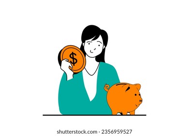 Finance concept with people scene in flat web design. Woman putting her saving money in piggy bank, planning investment and deposit. Vector illustration for social media banner, marketing material.
