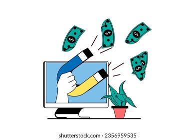 Concepto de finanzas con escena de personas en diseño web plano. Ganar dinero y atraer ganancias y oportunidades financieras con imán. Ilustración vectorial para banner de medios sociales, material de marketing.