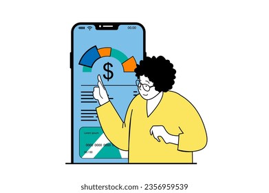 Finance concept with people scene in flat web design. Woman using online banking services and monitoring financial data in mobile app. Vector illustration for social media banner, marketing material.