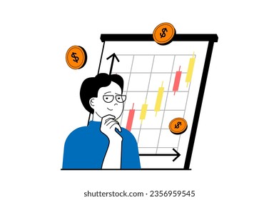 Concepto de finanzas con escena de personas en diseño web plano. Hombre analizando datos financieros en grafo, haciendo reportes con manejo de dinero. Ilustración vectorial para banner de medios sociales, material de marketing.