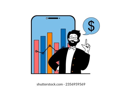 Concepto de finanzas con escena de personas en diseño web plano. El hombre gestiona el balance y analiza el presupuesto utilizando una aplicación móvil financiera. Ilustración vectorial para banner de medios sociales, material de marketing.