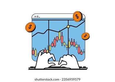 Concepto de finanzas con escena de personas en diseño web plano. Contabilidad del presupuesto financiero, cálculo del dinero de los ingresos y análisis del gráfico de datos. Ilustración vectorial para banner de medios sociales, material de marketing.