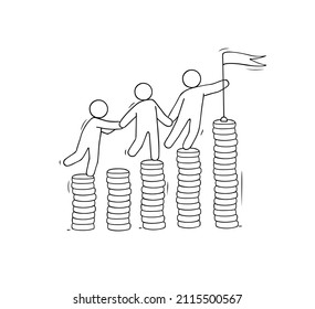 Finance concept with people and stack of coins. Vector illustration about currency, banking, business. Hand drawn banner for business and finance design.