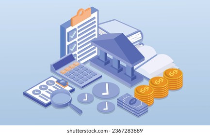 Concepto financiero y auditoría financiera pública.sobre fondo azul.Diseño 3D.diseño vectorial isométrico Ilustración.