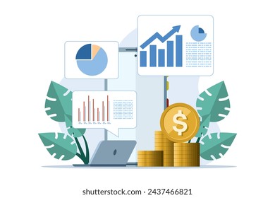 Finance concept, sales strategy, teamwork, company budget, growth income, investment business, laptop analyzing sales growth graph or bar chart, flat vector illustration on white background.